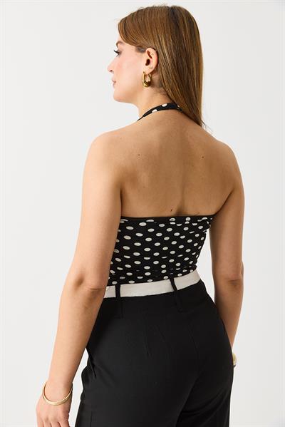 Kadın Boyundan Askılı Puantiyeli Crop Bluz Siyah