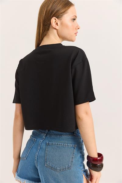 Bisiklet Yaka Havalı Crop İki İp Tshirt Siyah