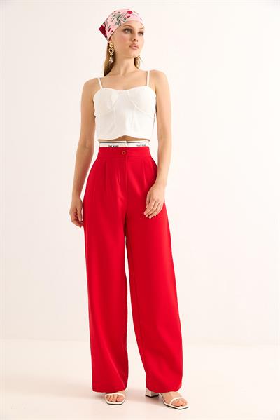 Geniş Paça Kemeri Garnili Palazzo Pantolon Kırmızı