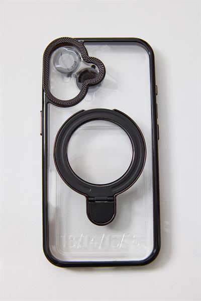 İphone 16 Plus Uyumlu Stand Tutucu Halka Şeffaf Telefon Kılıfı Siyah