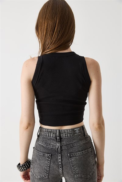 Kadın Bisiklet Yaka Taş Detaylı Crop Bluz Siyah
