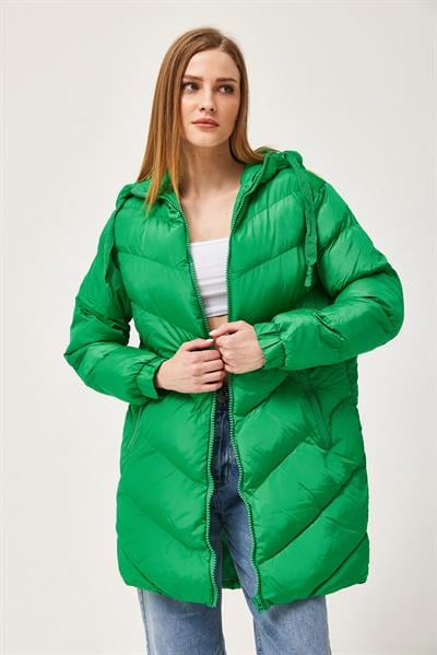 Kapüşonlu Oversize Şişme Mont Yeşil