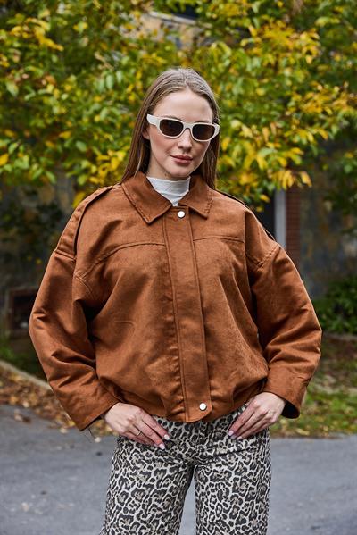 Kadın Kadife Kumaş Oversize Salaş Mont Taba