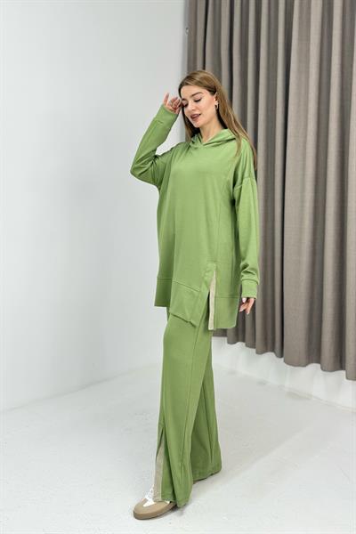 Kadın Paça Detaylı Kapüşonlu Oversize Eşofman Takım Yeşil