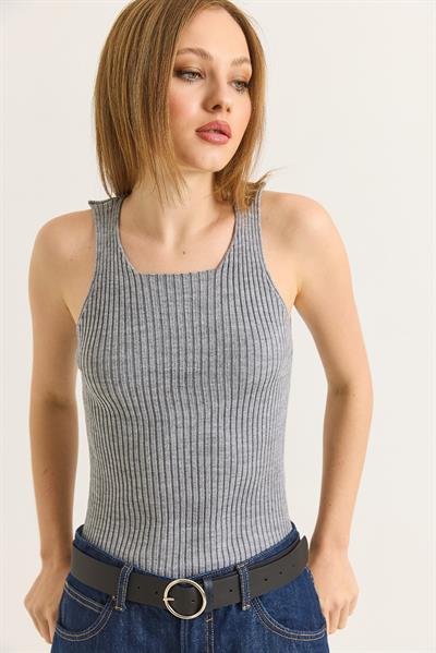 Kare Yaka Kalın Askılı Triko Atlet Bluz Gri