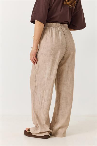 Kadın Desenli Beli Lastikli Bol Kesim Pantalon Vizon