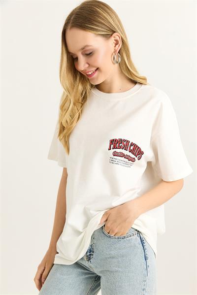 Rahat Kesim Baskılı Kadın Tshirt Beyaz