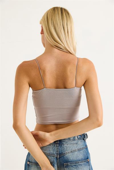 İp Askılı Crop Bluz Gri