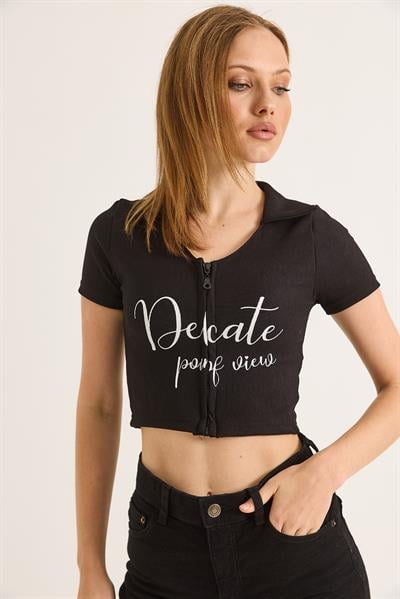 Yakalı Baskı Detaylı Fermuarlı Crop Bluz Siyah