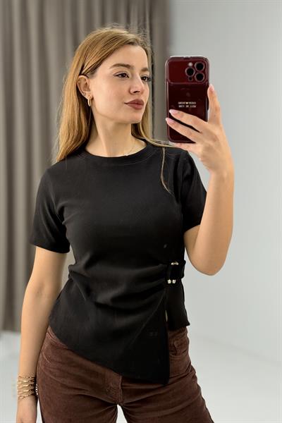 Kadın Yan Tokalı Asimetrik Kesim Kakorse Kısa Kollu Bluz  Siyah