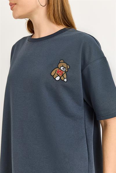 Ayıcık Nakışlı Oversize İki İp Tshirt Füme