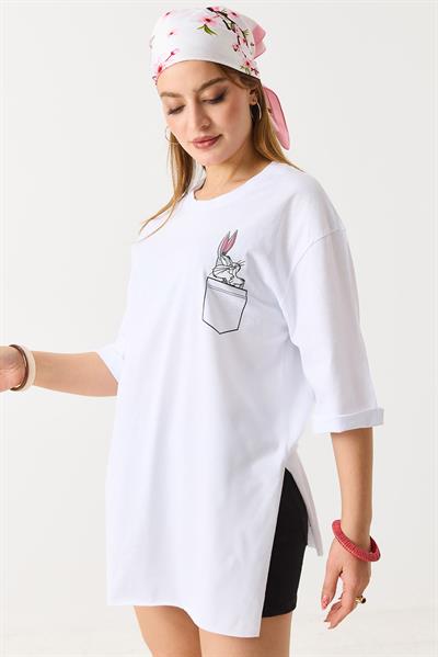 Kadın Yanları Yırtmaçlı Oversize  Basic Tshirt  Beyaz