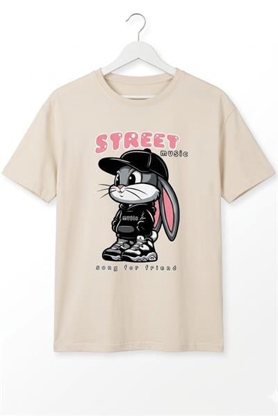 Kadın Baskılı Bisiklet Yaka Kısa Kol Tshirt Krem