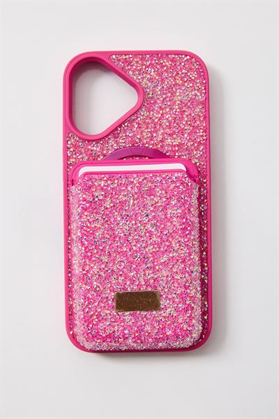 İphone 17 Uyumlu Parlak ve Taşlı Kart Bölümlü Kılıf  Pembe