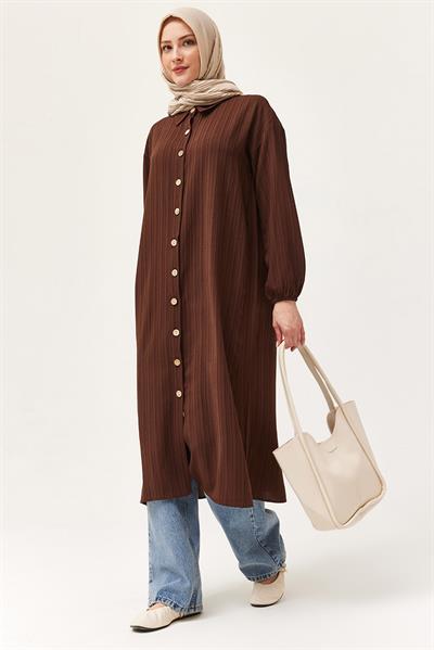Keten Düğmeli Uzun Tesettür Tunik Kahverengi