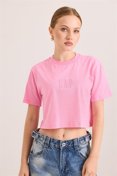 Nakışlı Örme Pamuk Crop Tshirt Pembe