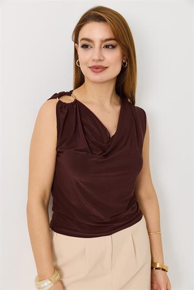 Kadın Degaje Yaka Kolsuz Sandy Bluz Kahverengi