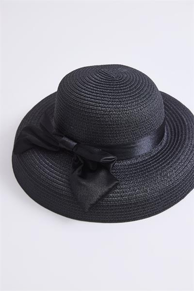 Fiyonk Detaylı Kadın Hasır Plaj Havuz Şapkası Siyah