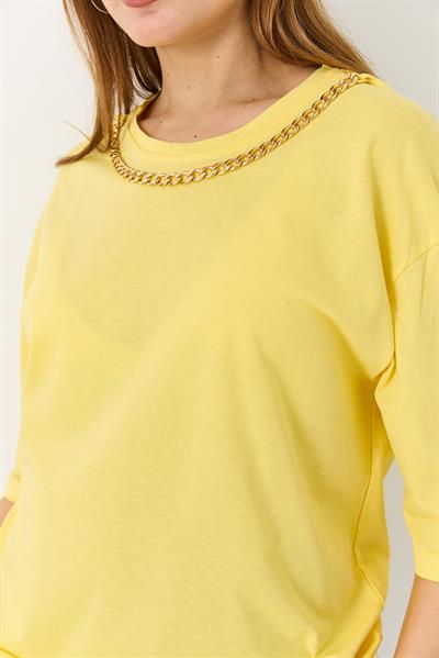 Kadın Yakası Gold Zincirli Bisiklet Yaka Tshirt Sarı