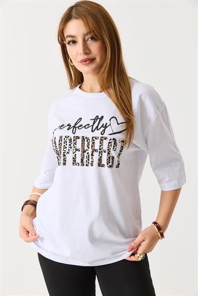 Kadın Bol Kesim Bisiklet Yaka Kısa Kol Tshirt Beyaz