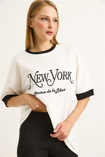 Kolları Garnili Baskılı  Oversize Kadın Tshirt