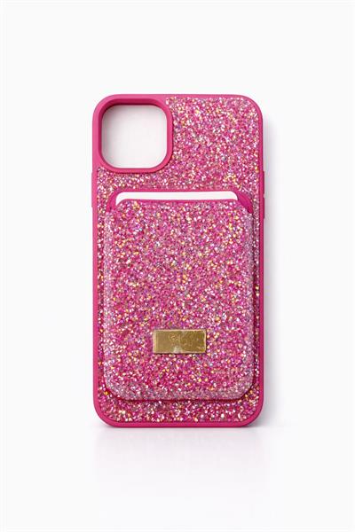İphone 13 Uyumlu Parlak ve Taşlı Kart Bölümlü Kılıf Pembe