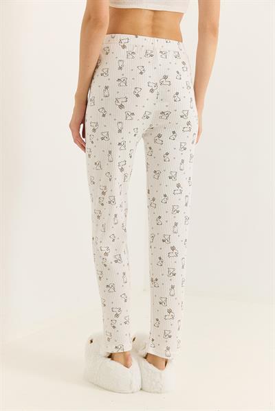Kadın Renkli Tavşan Baskılı İnterlok Pamuk Pijama Altı Beyaz