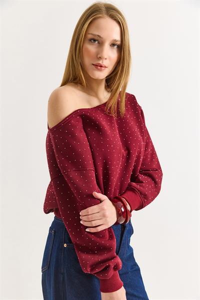 Kadın Bordo Serpme Taşlı  Kayık Yaka Üç İplik Şardonlu Sweat