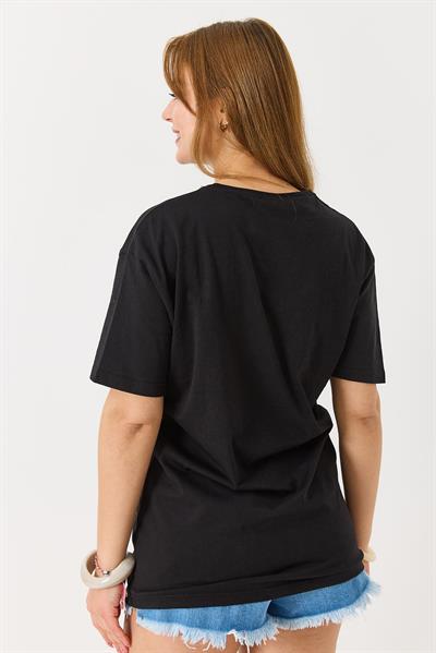 Ayıcık Baskılı Pamuklu Bisiklet Yaka Tshirt Siyah