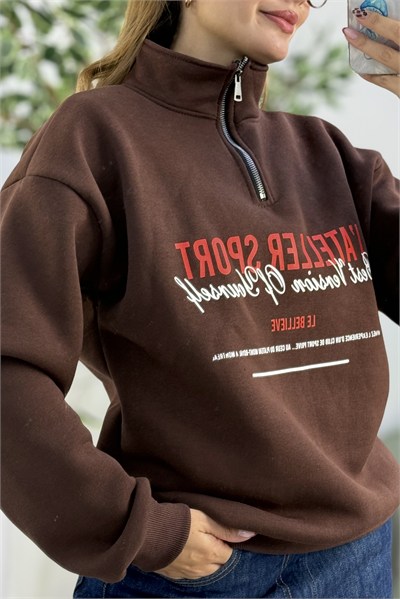 Kadın Dik Yaka Yarım Fermuarlı Baskılı Sweatshirt Kahverengi