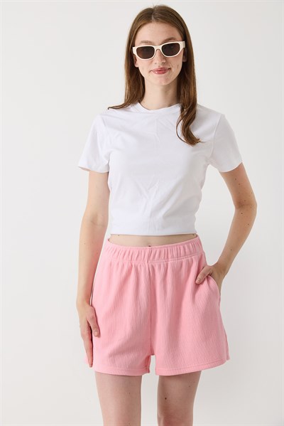 Kadın Beli Lastikli Kaşkorse Şort Pembe
