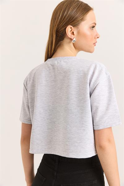 Bisiklet Yaka Havalı Crop İki İp Tshirt Gri