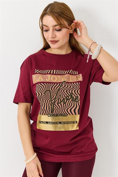 Kadın Parlak Yazılı Baskılı Tshirt Bordo