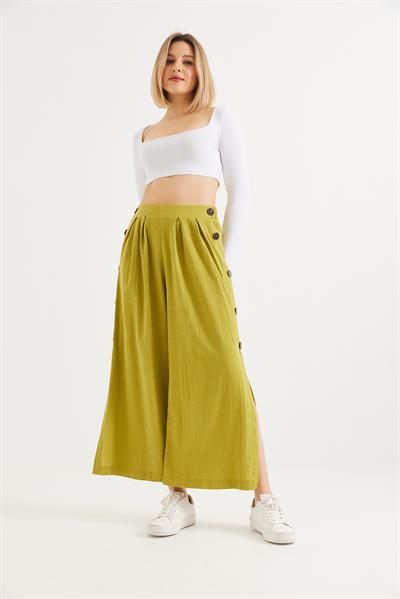 Yanları  Düğmeli  Bol Kesim Keten Pantolon  Yeşil