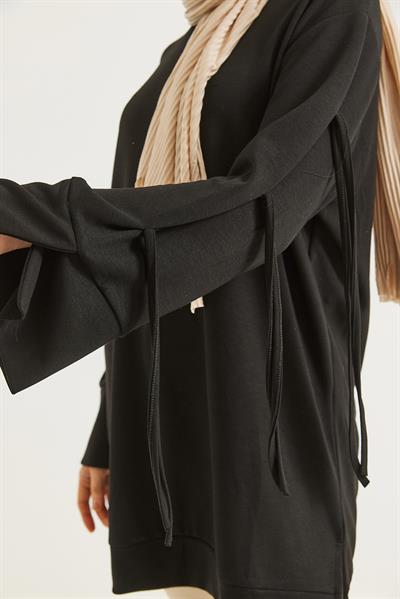 Kolları Bağcık Detaylı Tunik Siyah