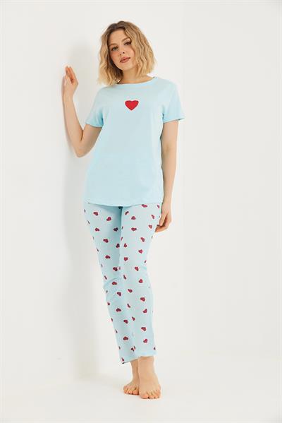 Baskılı Kısa Kol Pijama Takım Mavi