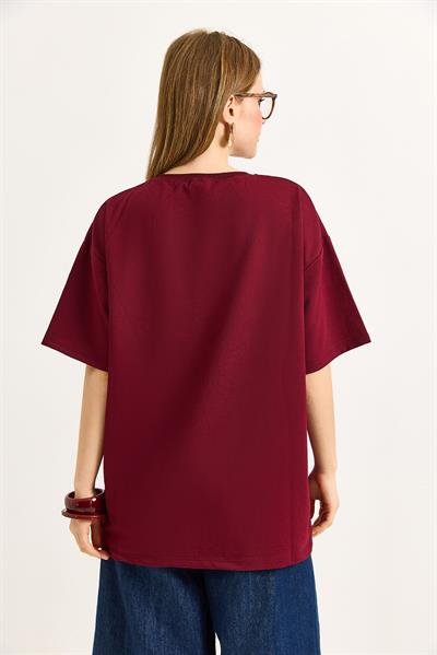 Ayıcık Baskılı Bisiklet Yaka Tshirt  Bordo