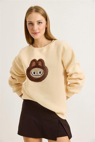 Kadın Labubu İşlemeli Üç İplik Sweatshirt Bej