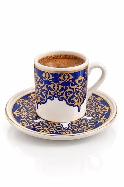 12 Parça 6lı Tezhip/Çini Desenli Yıldız Motifli Fincan Takımı Mavi