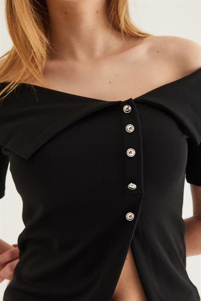 Omuz Açık  Düğme Detaylı Bluz Siyah