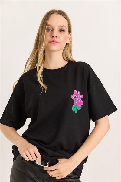 Baskılı Bisiklet Yaka Basic Tshirt Siyah