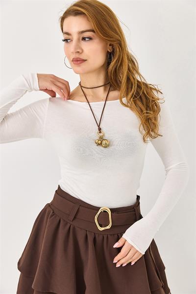 Kayık Yaka Kaşmir Uzun Kollu Bluz Beyaz