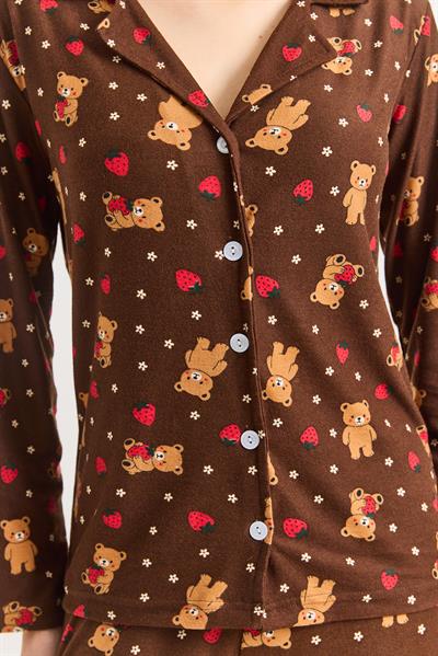 Kadın Ayıcık Baskılı Kahverengi Polo Yaka Pamuklu Pijama Takımı