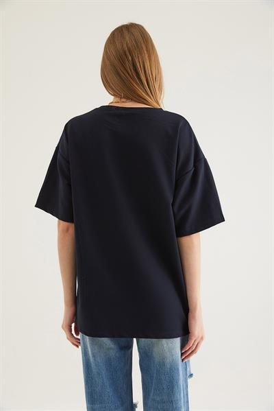 Bisiklet Yaka Oversize Baskılı Tshirt Lacivert