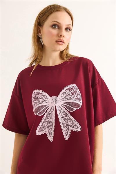 Fiyonk Baskılı Oversize Kesim Tshirt Bordo