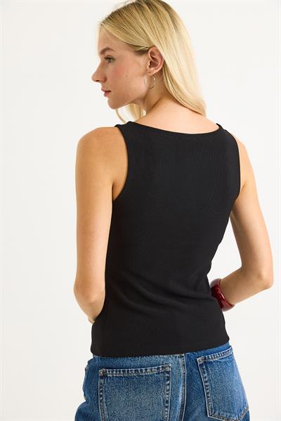 Düğmeli Fitilli Kumaş Kolu Askılı Bluz Siyah