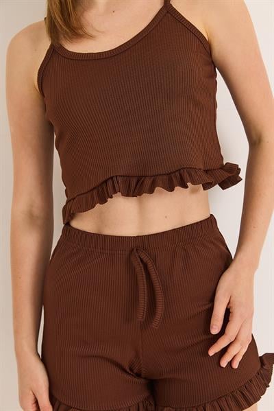 Askılı Fırfırlı Şortlu Takım Kahverengi