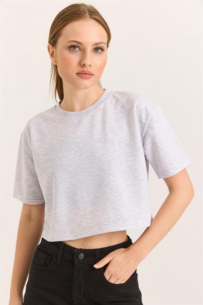Bisiklet Yaka Havalı Crop İki İp Tshirt Gri