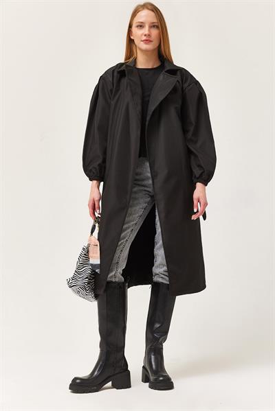 Bel Kuşaklı Oversize Trençkot Siyah