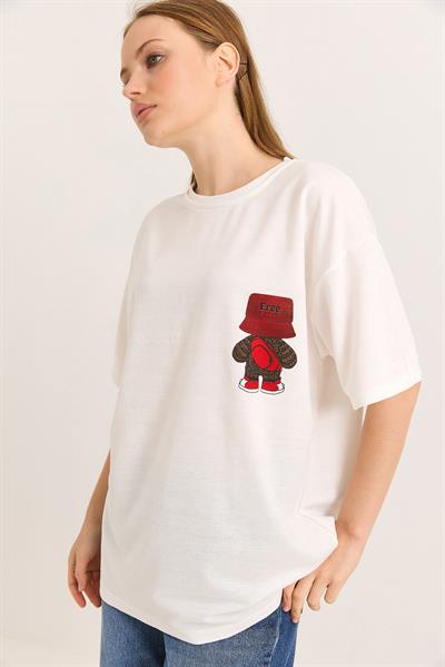 Karakter Baskılı İki İplik Oversize Tshirt Beyaz